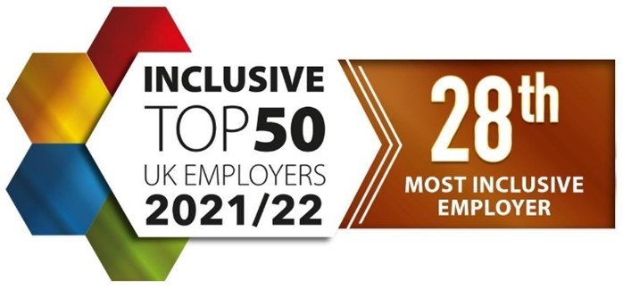 Logo saying Inclusive Top 50 Employers 2021/22 - 28th employer most inclusive employer
